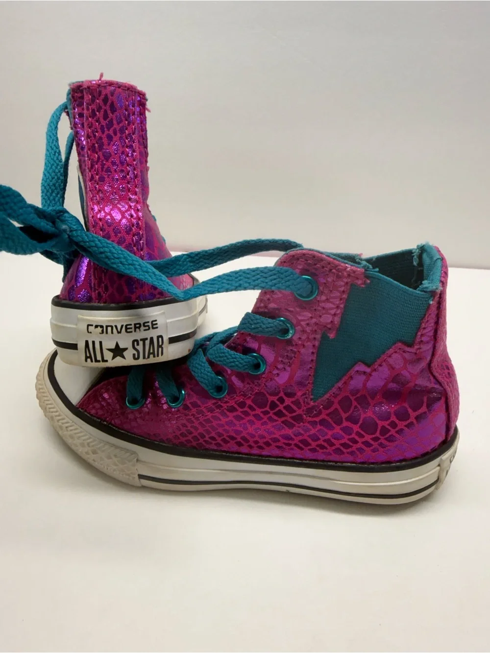 Converse Youth High-Top Sneakers in Teal with Pink Stitching